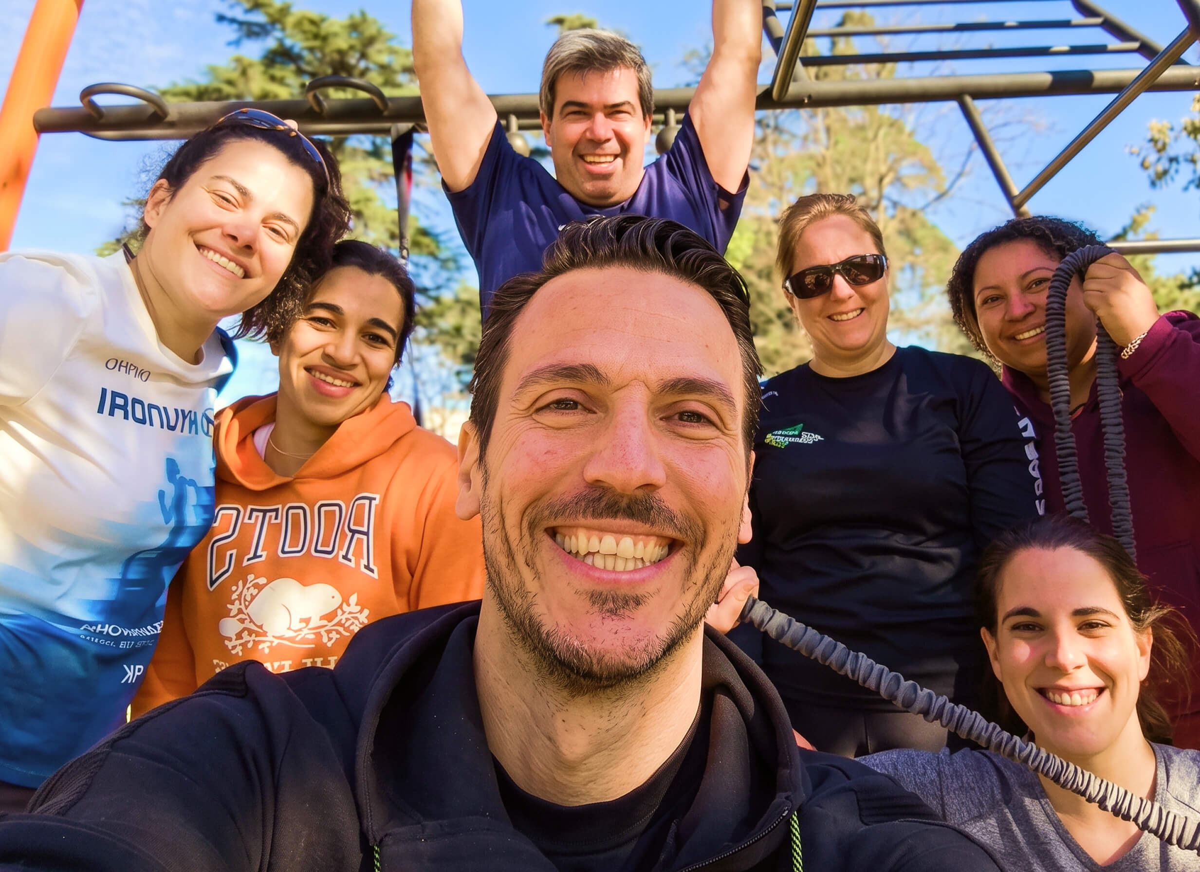 Grupo O2Fit junto a uma estrutura de treino ao ar livre em Lisboa